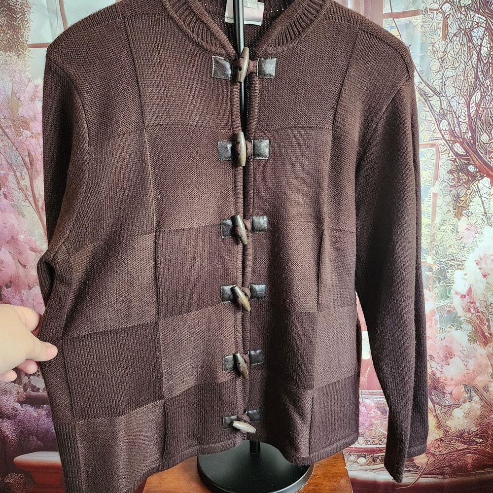 Crystal Kobe Vintage Dark Brown Square Knit Toggle Closure Cardigan Sweater L
